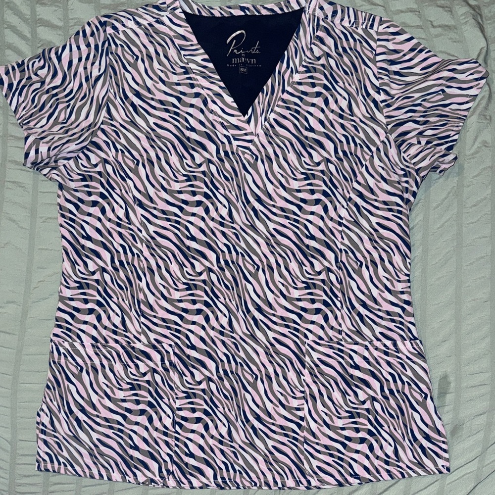 Pink and Black Zebra Print V-Neck Scrub Top